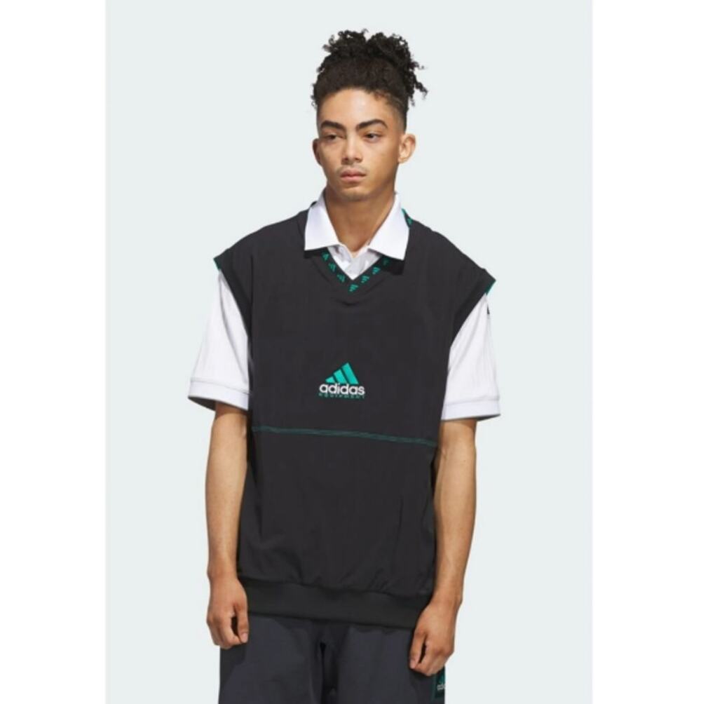 Mens Size L Adidas Golf Vest Black / Equipment Green Performance V-Neck JW9878